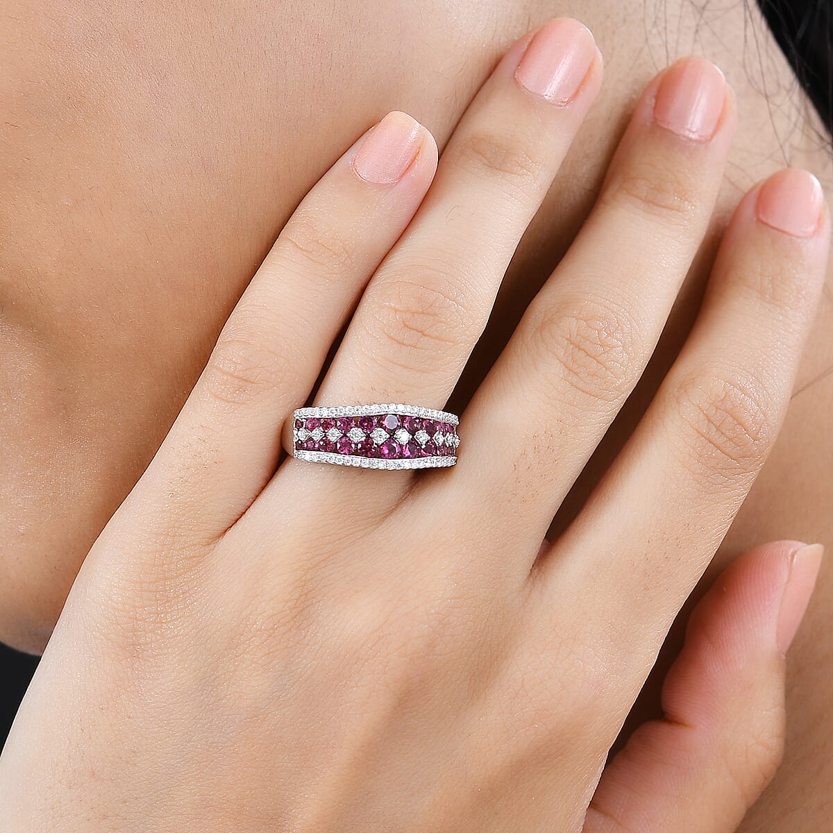 Premium Ofiki Rubellite and Moissanite Half Eternity Ring in Platinum Over Sterling Silver (Size 10.0) 1.35 ctw image number 2