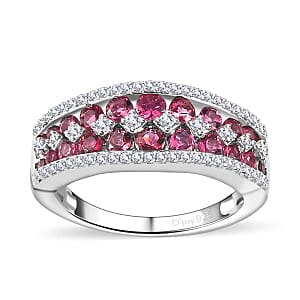 Premium Ofiki Rubellite and Moissanite Half Eternity Ring in Platinum Over Sterling Silver (Size 6.0) 1.35 ctw