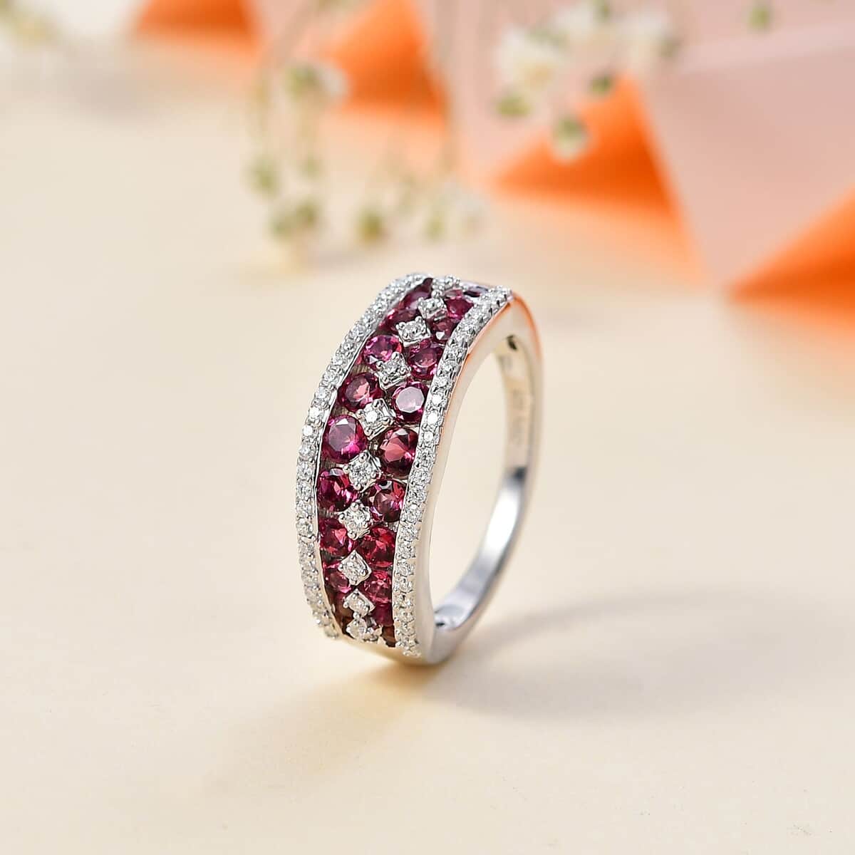 Premium Ofiki Rubellite and Moissanite Half Eternity Ring in Platinum Over Sterling Silver (Size 6.0) 1.35 ctw image number 1