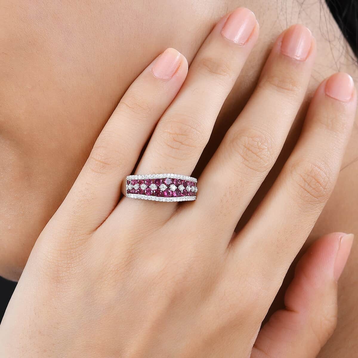 Premium Ofiki Rubellite and Moissanite Half Eternity Ring in Platinum Over Sterling Silver (Size 6.0) 1.35 ctw image number 2