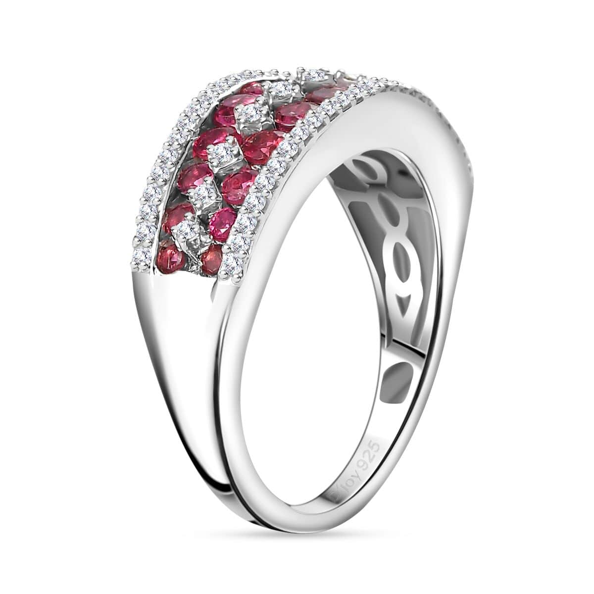 Premium Ofiki Rubellite and Moissanite Half Eternity Ring in Platinum Over Sterling Silver (Size 6.0) 1.35 ctw image number 3