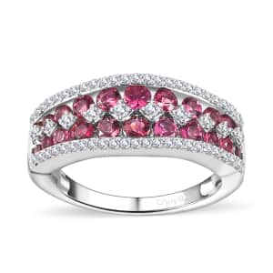 Premium Ofiki Rubellite and Moissanite Half Eternity Ring in Platinum Over Sterling Silver (Size 8.0) 1.35 ctw