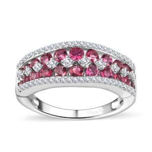 Premium Ofiki Rubellite and Moissanite Half Eternity Ring in Platinum Over Sterling Silver (Size 9.0) 1.35 ctw