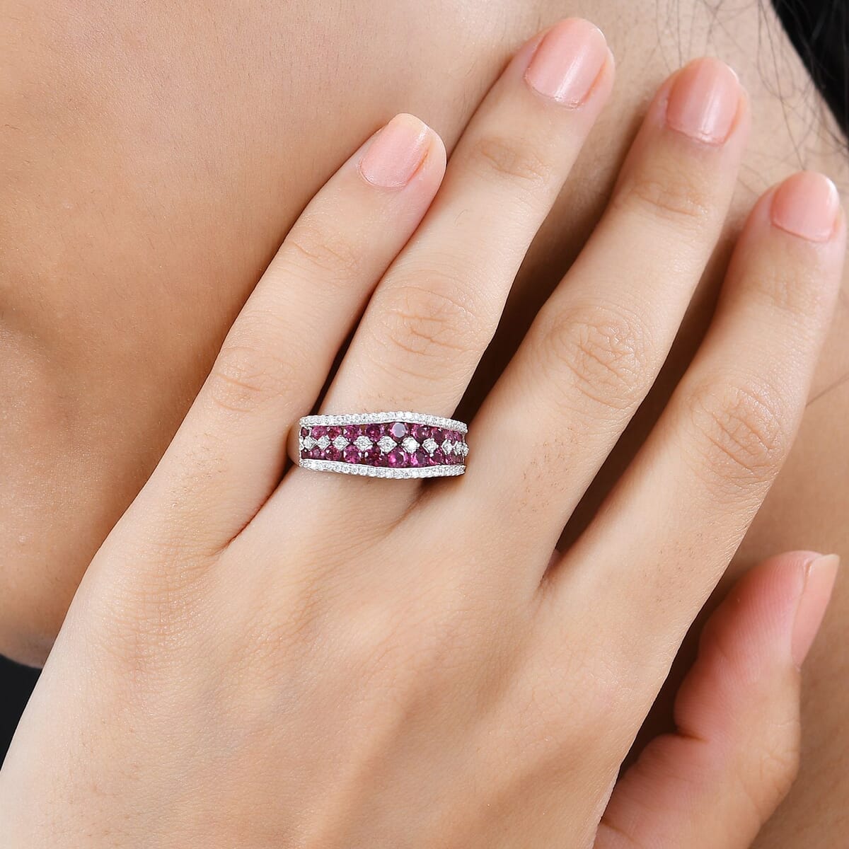 Premium Ofiki Rubellite and Moissanite Half Eternity Ring in Platinum Over Sterling Silver (Size 9.0) 1.35 ctw image number 2