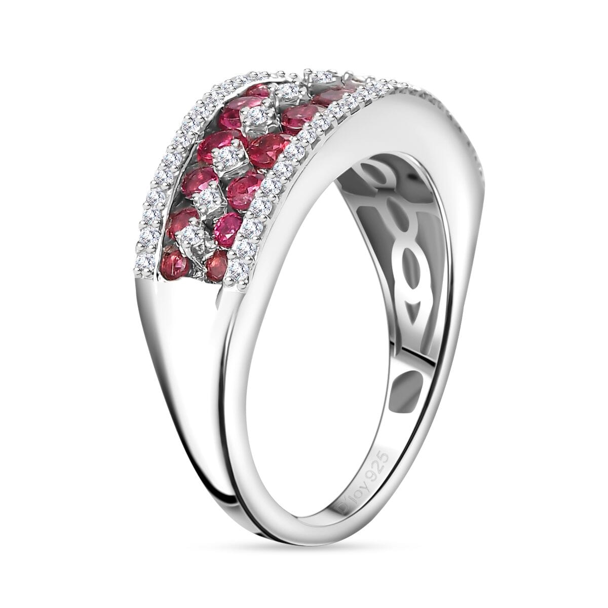 Premium Ofiki Rubellite and Moissanite Half Eternity Ring in Platinum Over Sterling Silver (Size 9.0) 1.35 ctw image number 3