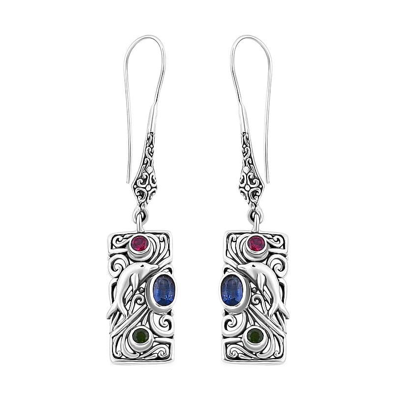 Bali Legacy Kashmir Kyanite and Multi Gemstone 1.85 ctw Dolphin Earrings in Sterling Silver