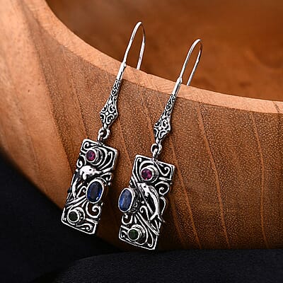 Bali Legacy Kashmir Kyanite and Multi Gemstone 1.85 ctw Dolphin Earrings in Sterling Silver