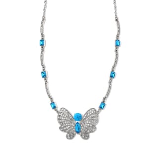Blue Glass and Austrian Crystal Butterfly Necklace 20-22 Inches in Silvertone