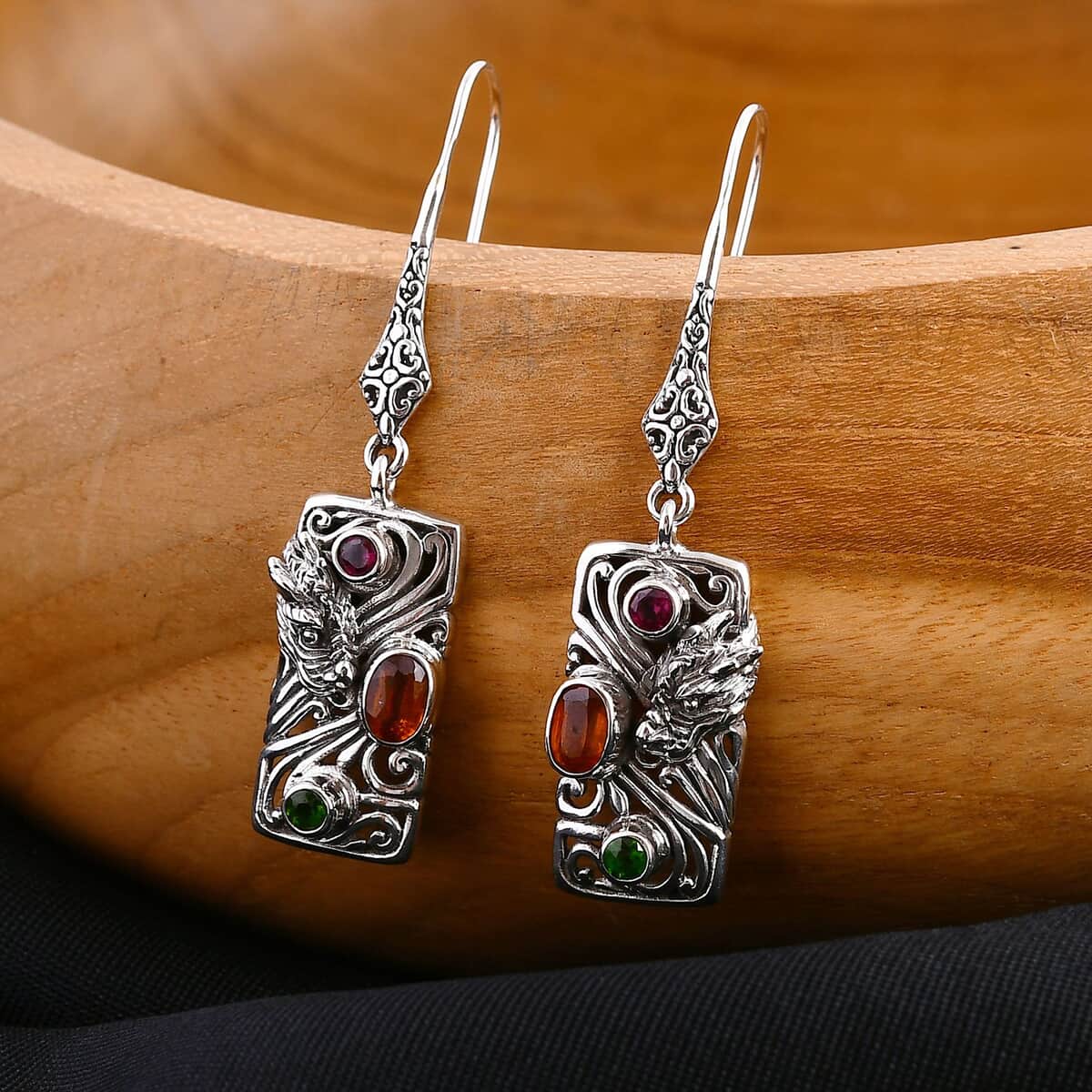 Bali Legacy Orange Kyanite and Multi Gemstone 1.85 ctw Dragon Earrings in Sterling Silver image number 1