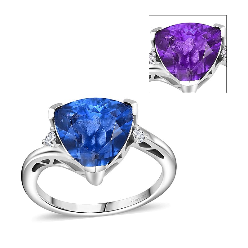 Color Change Fluorite (IR) and Moissanite Ring in Rhodium Over Sterling Silver (Size 6.0) 5.20 ctw