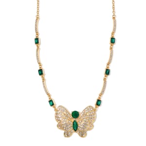 Green Glass and Austrian Crystal Butterfly Necklace 20-22 Inches in Goldtone