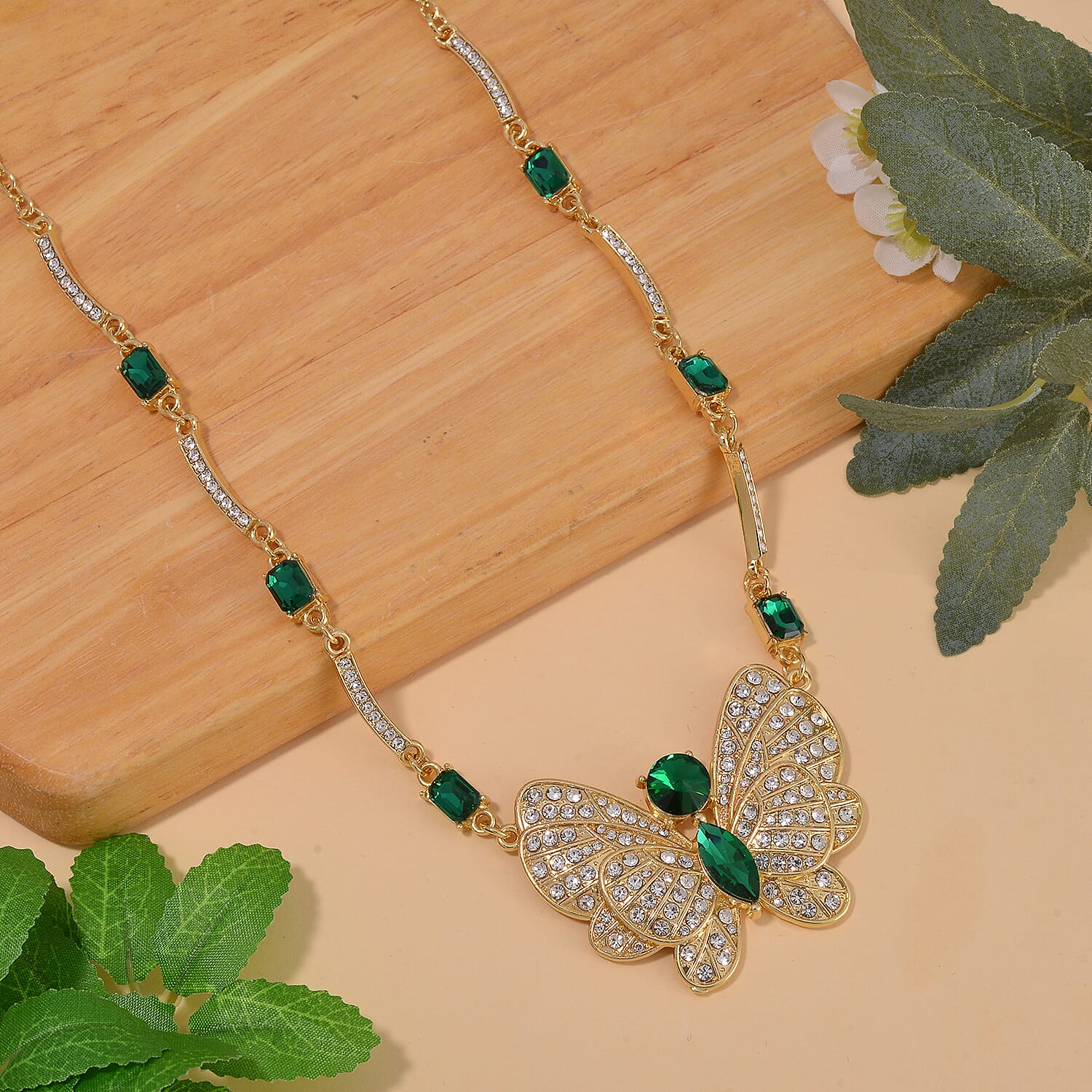 Green Glass and Austrian Crystal Butterfly Necklace 20-22 Inches in Goldtone