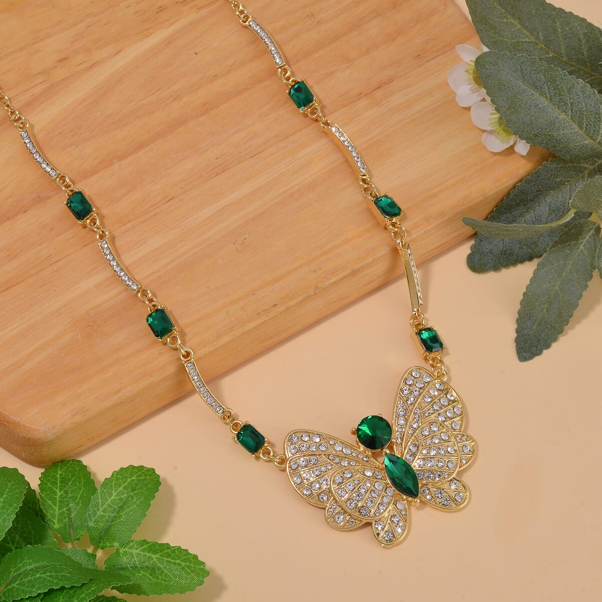 Green Glass and Austrian Crystal Butterfly Necklace 20-22 Inches in Goldtone image number 1