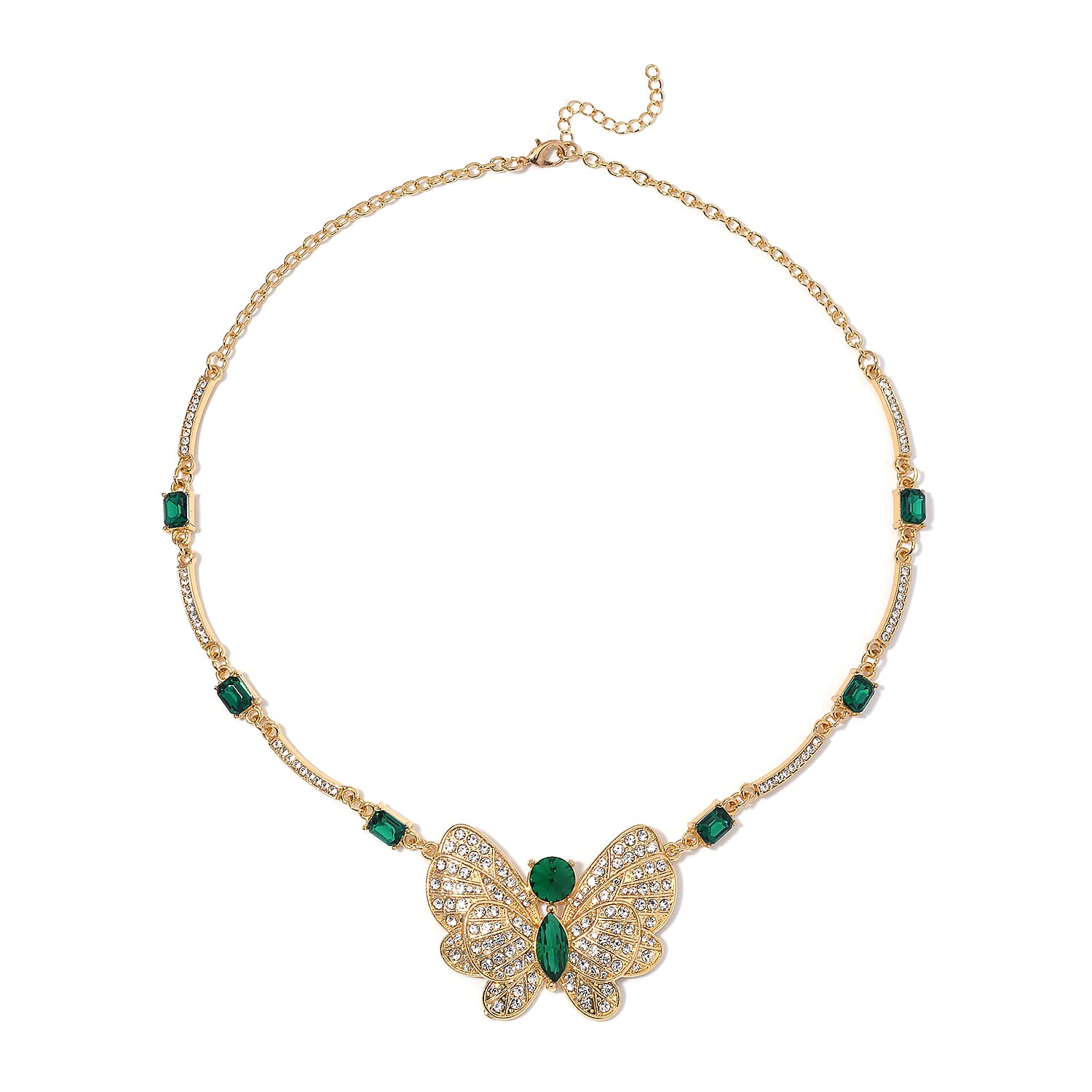 Green Glass and Austrian Crystal Butterfly Necklace 20-22 Inches in Goldtone