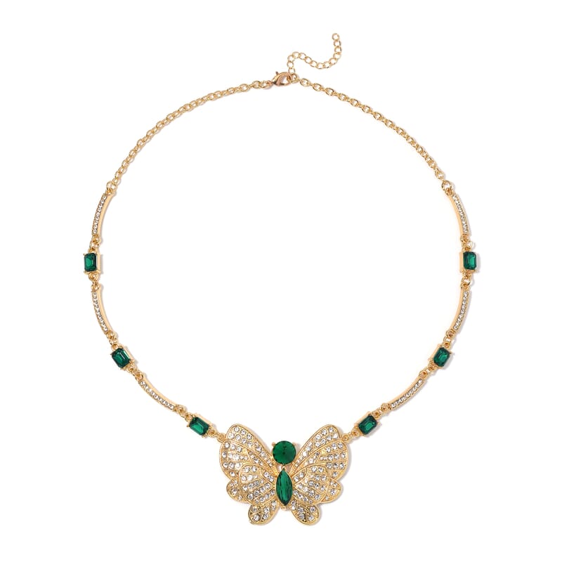 Green Glass and Austrian Crystal Butterfly Necklace 20-22 Inches in Goldtone