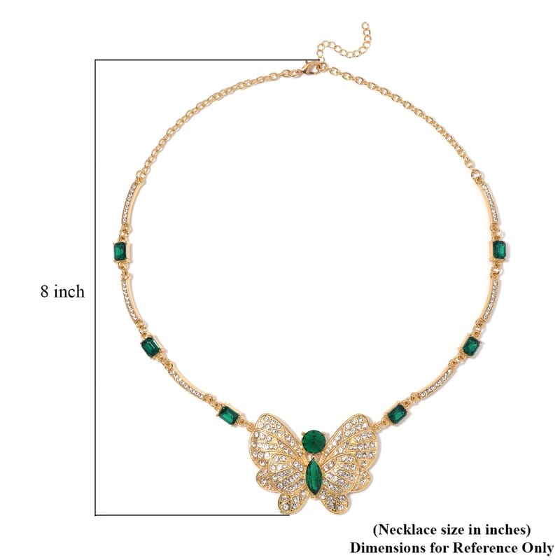 Green Glass and Austrian Crystal Butterfly Necklace 20-22 Inches in Goldtone