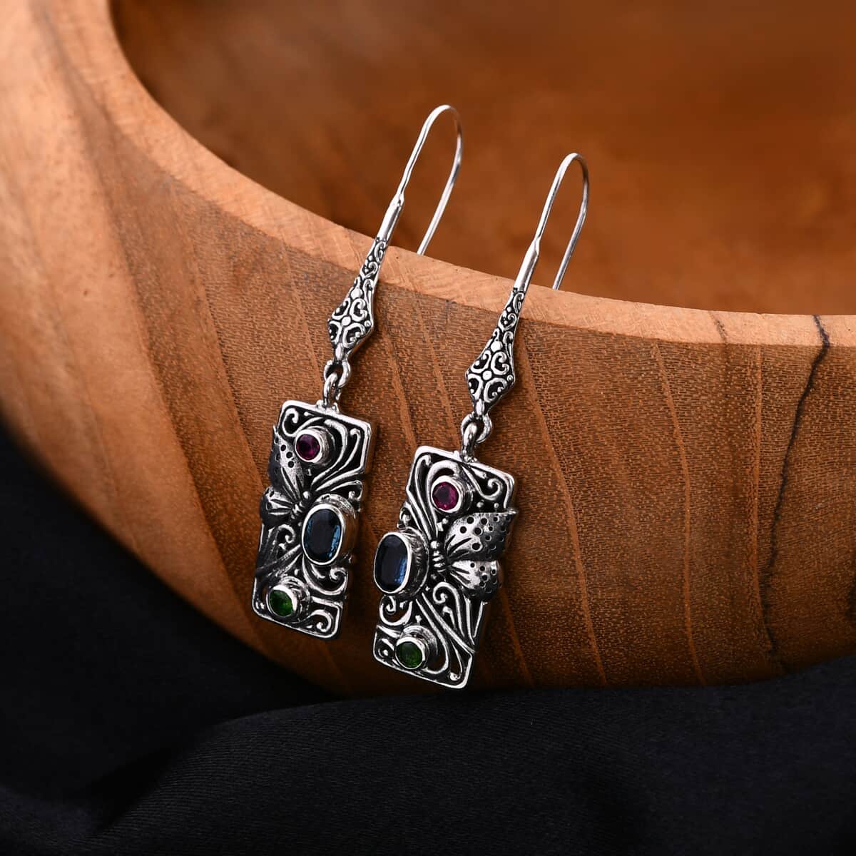 Bali Legacy Indigo Kyanite and Multi Gemstone 1.85 ctw Butterfly Earrings in Sterling Silver image number 1