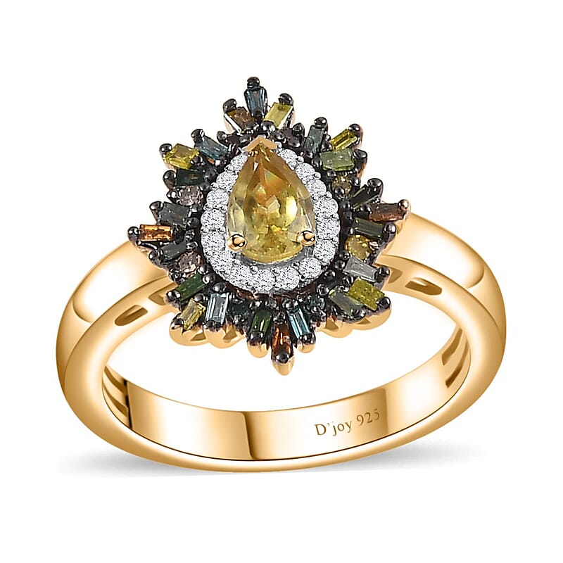 Premium Sphene and Multi Diamond Floral Ring in 18K Vermeil Yellow Gold Over Sterling Silver (Size 10.0) 0.80 ctw
