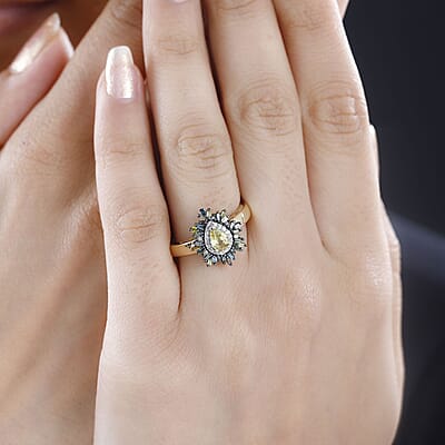 Premium Sphene and Multi Diamond Floral Ring in 18K Vermeil Yellow Gold Over Sterling Silver (Size 10.0) 0.80 ctw