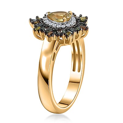 Premium Sphene and Multi Diamond Floral Ring in 18K Vermeil Yellow Gold Over Sterling Silver (Size 10.0) 0.80 ctw