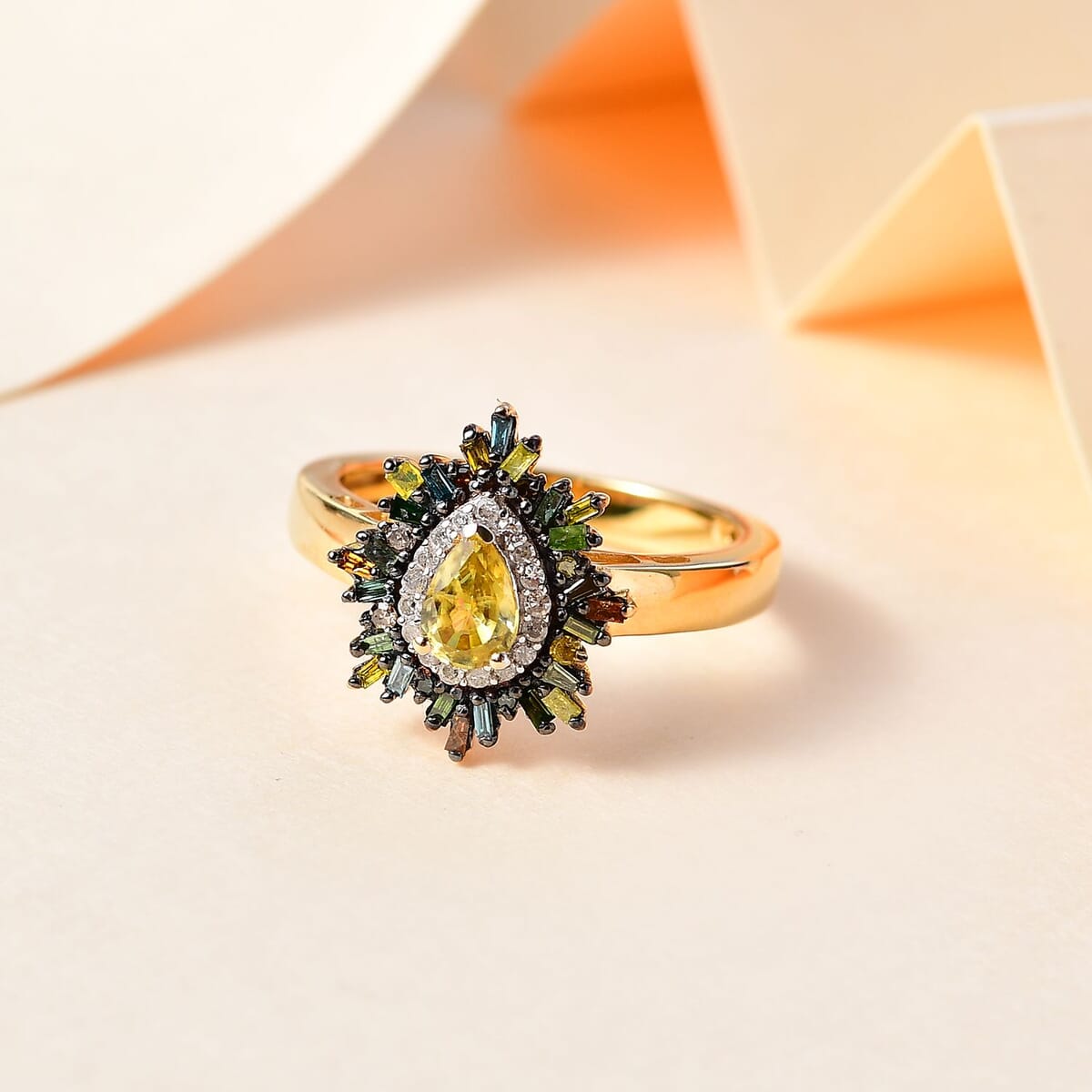 Premium Sphene and Multi Diamond Floral Ring in 18K Vermeil Yellow Gold Over Sterling Silver (Size 7.0) 0.80 ctw image number 1