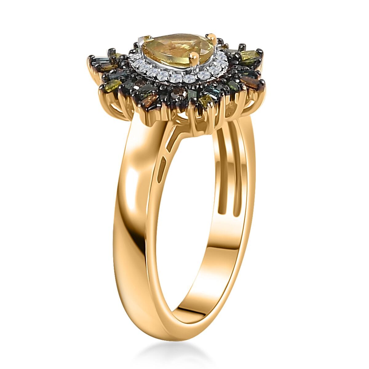 Premium Sphene and Multi Diamond Floral Ring in 18K Vermeil Yellow Gold Over Sterling Silver (Size 7.0) 0.80 ctw image number 3