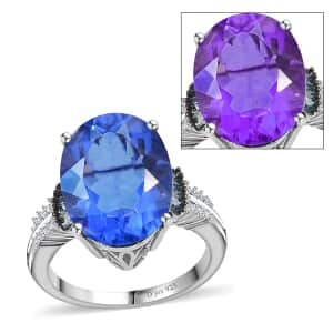Color Change Fluorite (IR), Blue and White Diamond Ring in Rhodium Over Sterling Silver (Size 10.0) 11.35 ctw