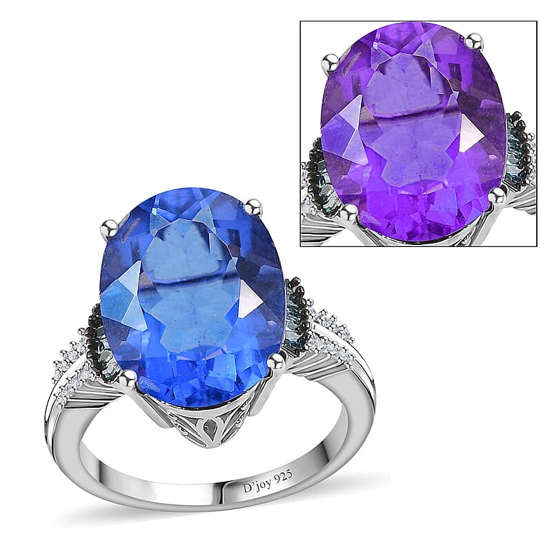 Color Change Fluorite (IR), Blue and White Diamond Ring in Rhodium Over Sterling Silver (Size 10.0) 11.35 ctw