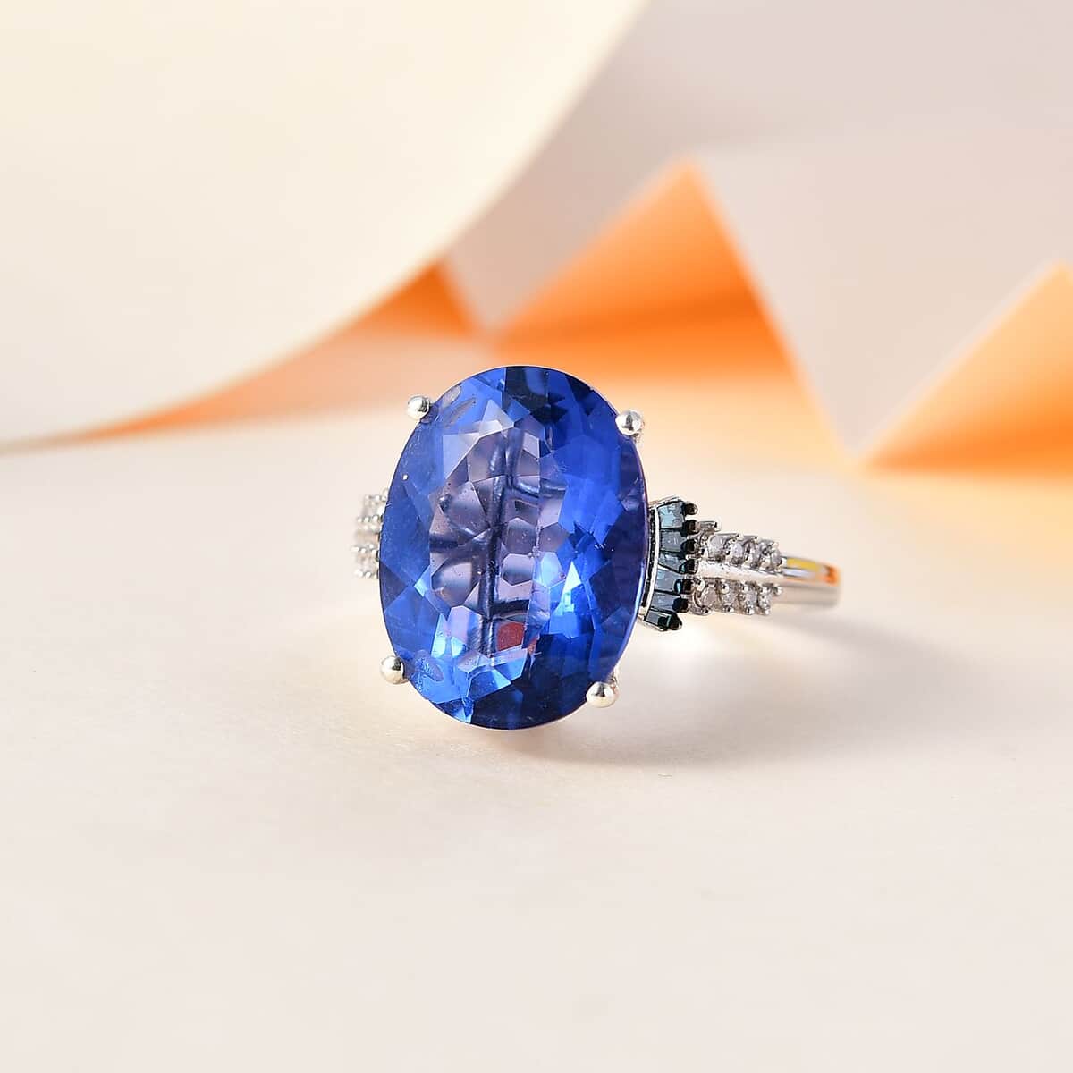 Epic Deal Color Change Fluorite (IR), Blue Diamond (IR), Diamond (0.20 cts) Ring in Rhodium Over Sterling Silver (Size 10.0) 11.35 ctw image number 1