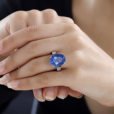 Color Change Fluorite (IR), Blue and White Diamond Ring in Rhodium Over Sterling Silver (Size 10.0) 11.35 ctw