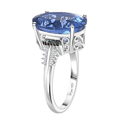 Color Change Fluorite (IR), Blue and White Diamond Ring in Rhodium Over Sterling Silver (Size 10.0) 11.35 ctw