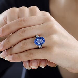 Color Change Fluorite (IR), Blue and White Diamond Ring in Rhodium Over Sterling Silver (Size 6.0) 11.35 ctw