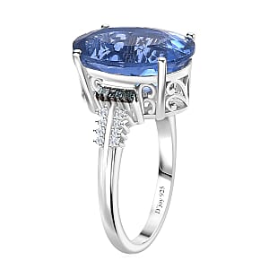 Color Change Fluorite (IR), Blue and White Diamond Ring in Rhodium Over Sterling Silver (Size 6.0) 11.35 ctw