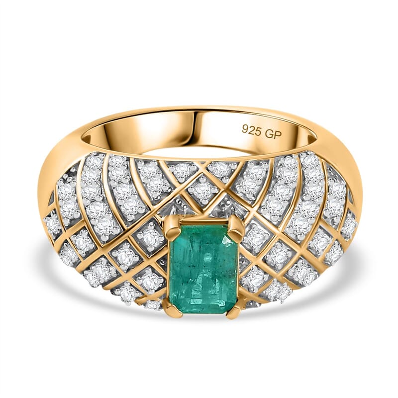 AAA Emerald and White Zircon 2.11 ctw Ring in 18K Vermeil Yellow Gold Over Sterling Silver (Size 8.0) (7.68 g)
