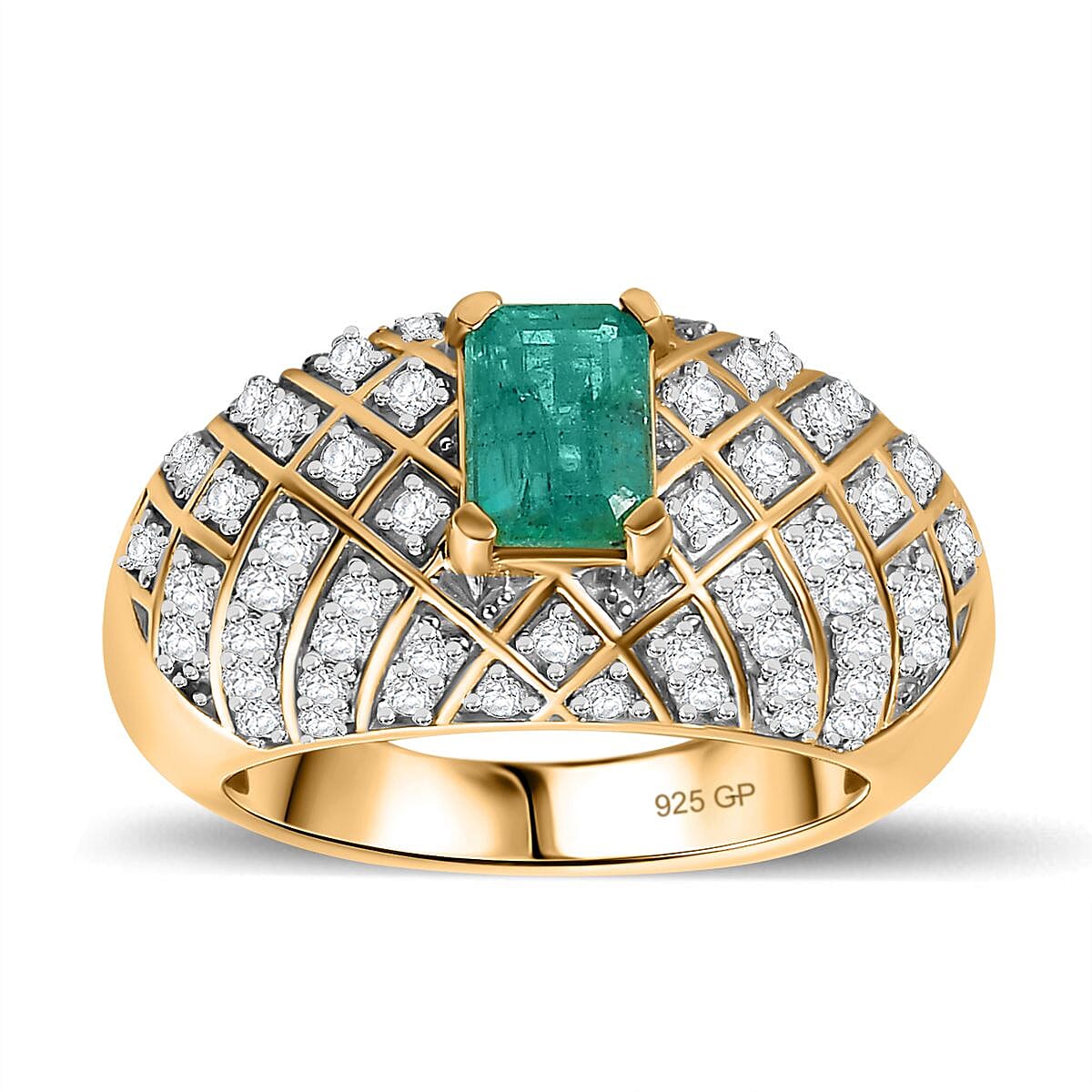 AAA Emerald and White Zircon 2.11 ctw Ring in 18K Vermeil Yellow Gold Over Sterling Silver (Size 8.0) (7.68 g)