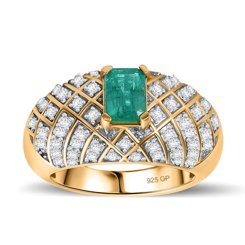 AAA Emerald and White Zircon 2.11 ctw Ring in 18K Vermeil Yellow Gold Over Sterling Silver (Size 8.0) (7.68 g)