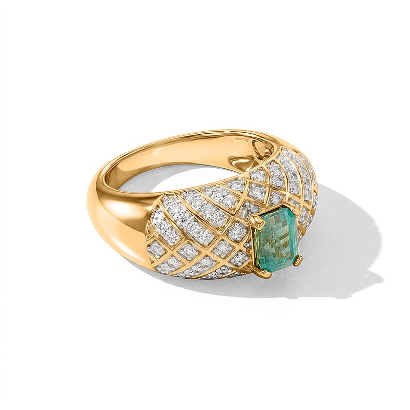 AAA Emerald and White Zircon 2.11 ctw Ring in 18K Vermeil Yellow Gold Over Sterling Silver (Size 9.0) (8.15 g)