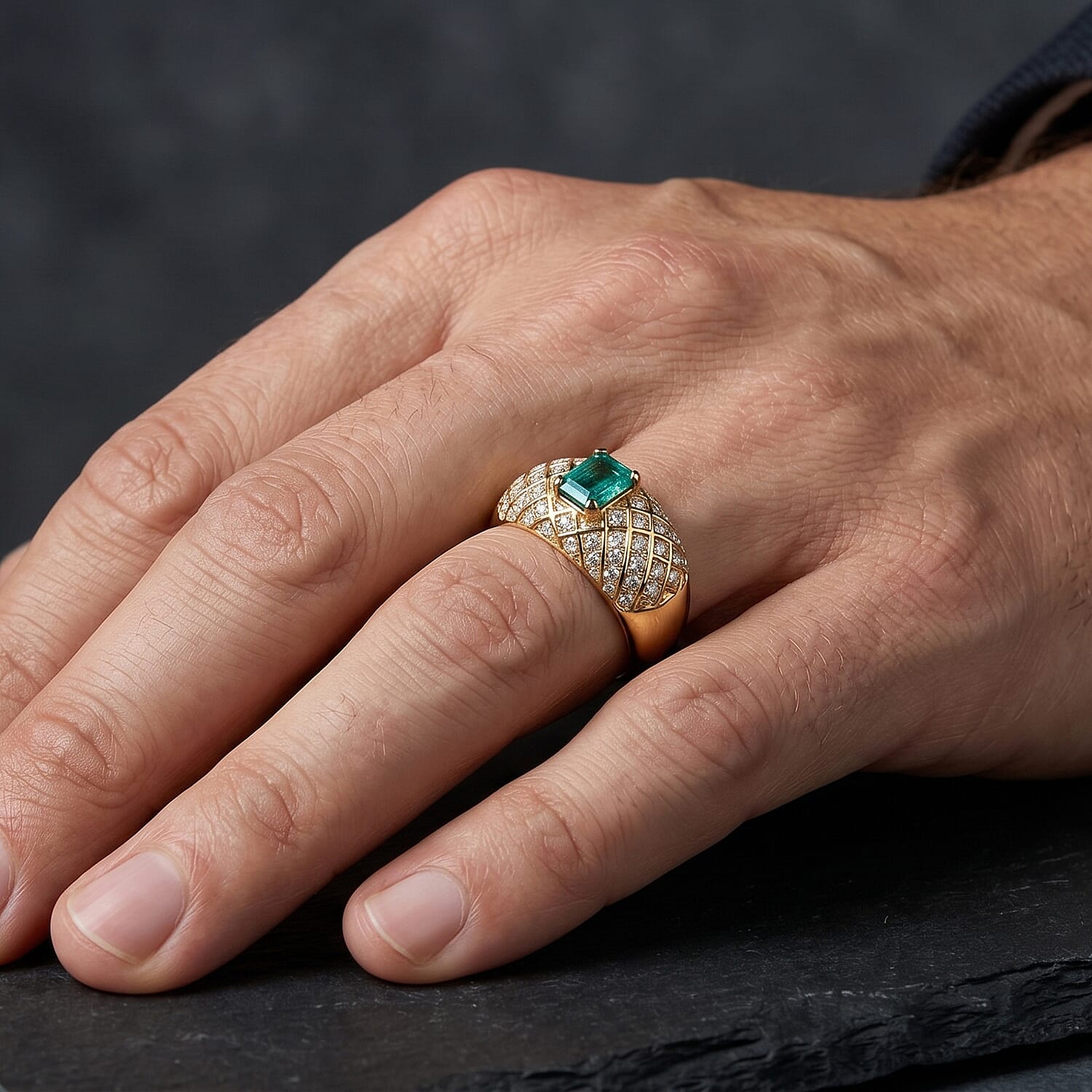 AAA Emerald and White Zircon 2.11 ctw Ring in 18K Vermeil Yellow Gold Over Sterling Silver (Size 9.0) (8.15 g)