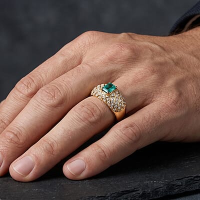 AAA Emerald and White Zircon 2.11 ctw Ring in 18K Vermeil Yellow Gold Over Sterling Silver (Size 9.0) (8.15 g)