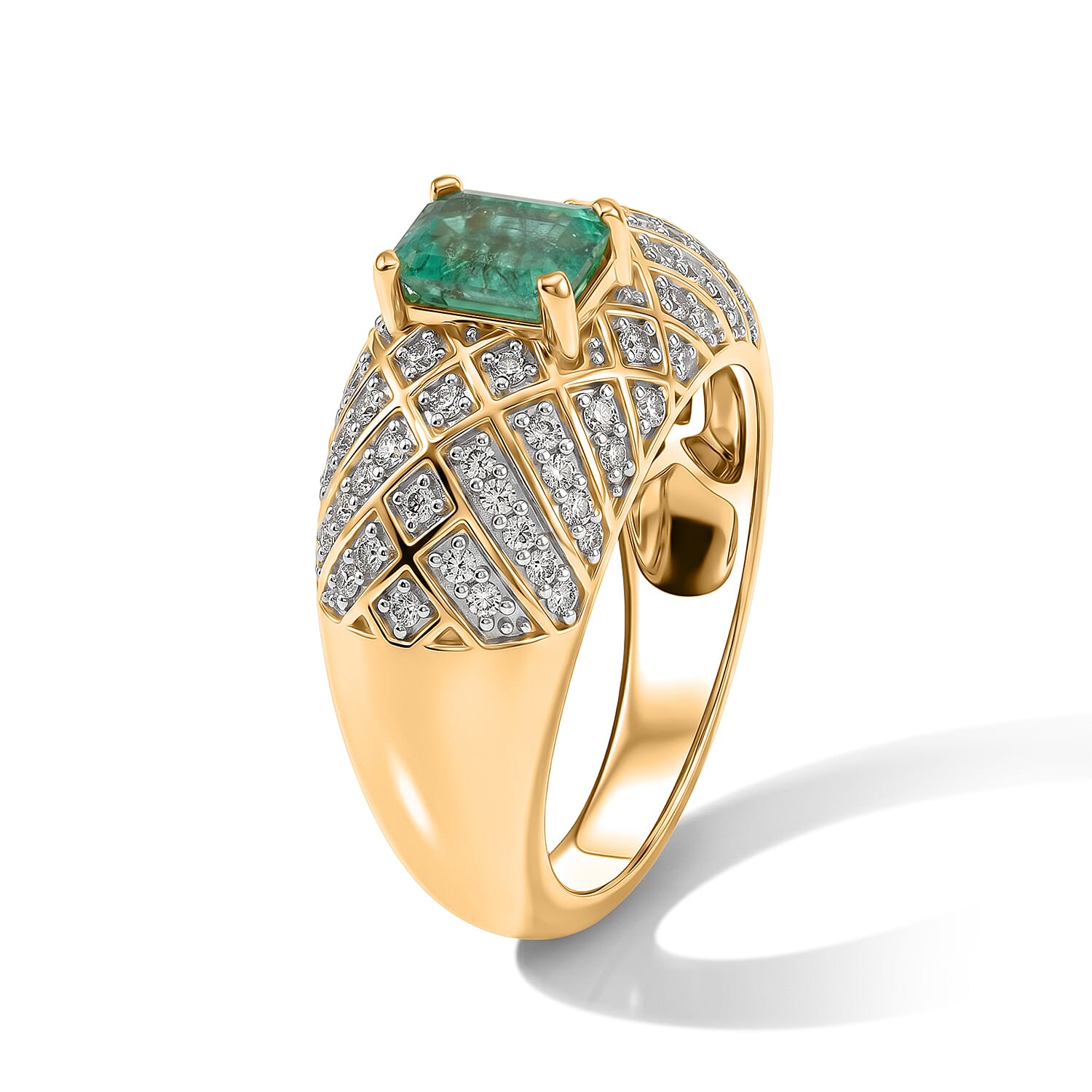 AAA Emerald and White Zircon 2.11 ctw Ring in 18K Vermeil Yellow Gold Over Sterling Silver (Size 9.0) (8.15 g)