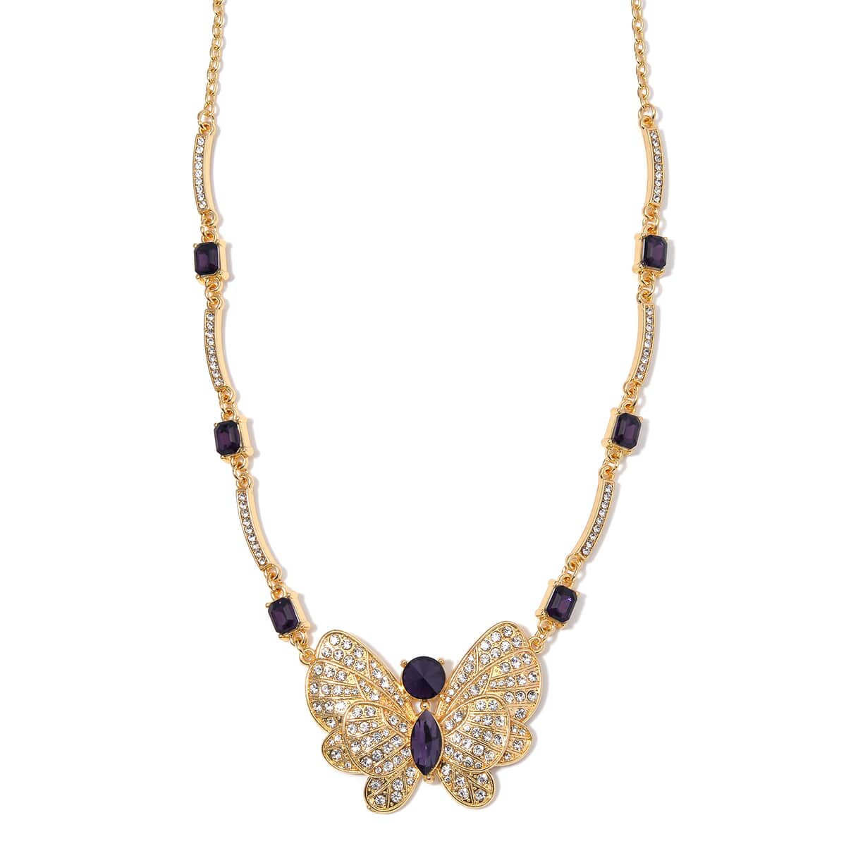 Amethyst Color Glass and Austrian Crystal Butterfly Necklace 20-22 Inches in Goldtone image number 0