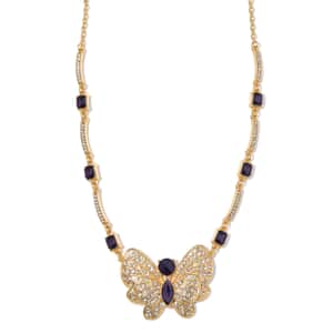 Amethyst Color Glass and Austrian Crystal Butterfly Necklace 20-22 Inches in Goldtone