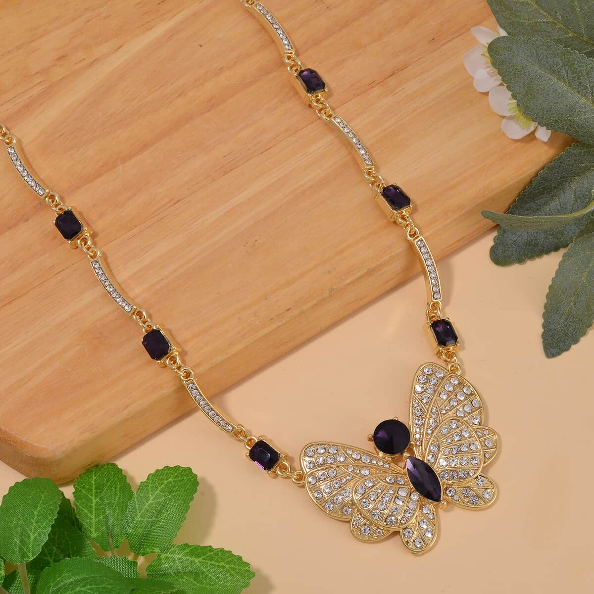 Amethyst Color Glass and Austrian Crystal Butterfly Necklace 20-22 Inches in Goldtone image number 1