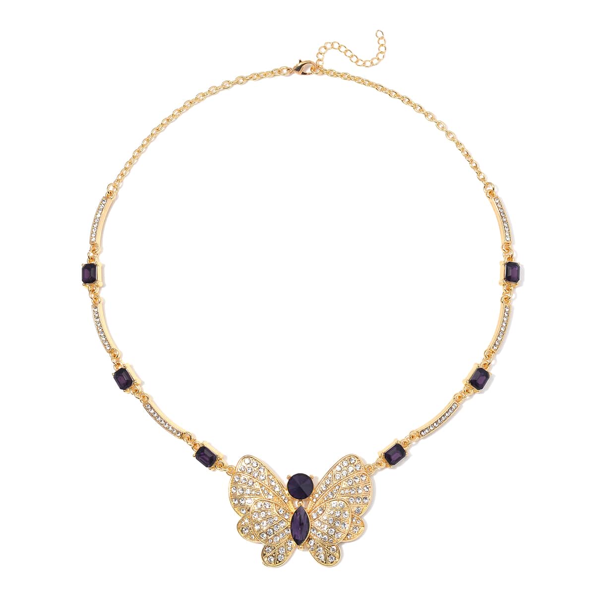 Amethyst Color Glass and Austrian Crystal Butterfly Necklace 20-22 Inches in Goldtone image number 2