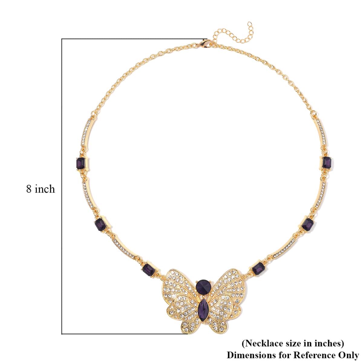 Amethyst Color Glass and Austrian Crystal Butterfly Necklace 20-22 Inches in Goldtone image number 4