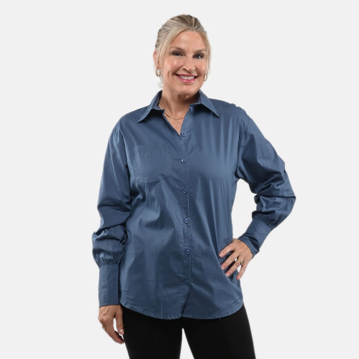 Tamsy 100% Cotton Sky Blue Button up Long Sleeve Shirt - M image number 0