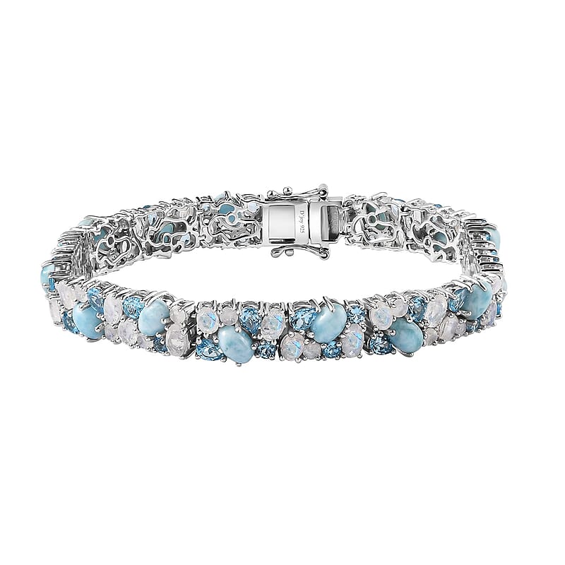 Larimar and Multi Gemstone Ocean Breeze Bracelet in Platinum Over Sterling Silver (7.25 In) 21.80 ctw