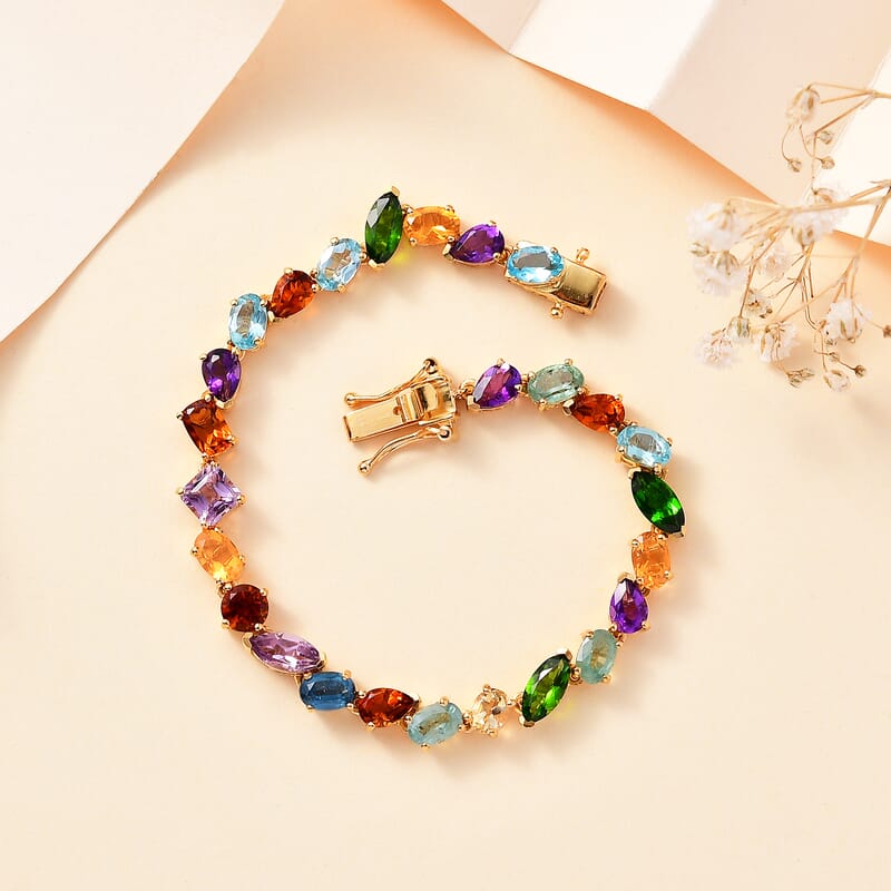 D'Joy Multi Gemstone 13.50 ctw Rainbow Meadow Bracelet in Vermeil Yellow Gold Over Sterling Silver (7.25 In)