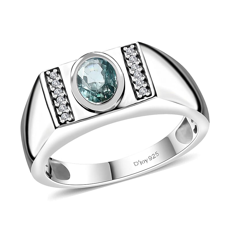 Cambodian Blue Zircon and White Zircon Men's Ring in Platinum Over Sterling Silver (Size 10.0) 1.35 ctw