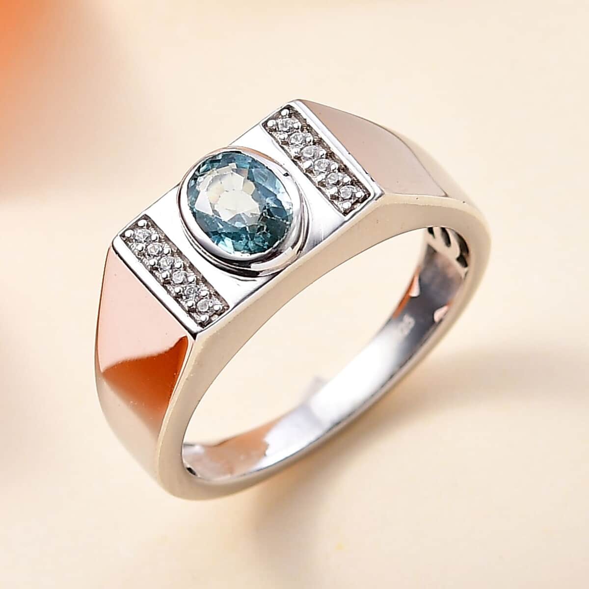 Cambodian Blue Zircon and White Zircon Men's Ring in Platinum Over Sterling Silver (Size 10.0) 1.35 ctw image number 1